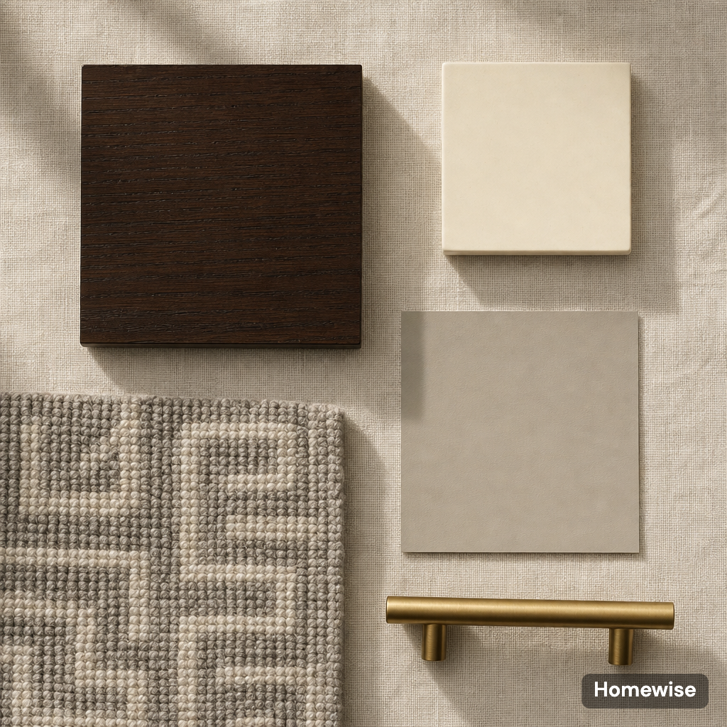 Moodboard with walnut, ivory and taupe materials
